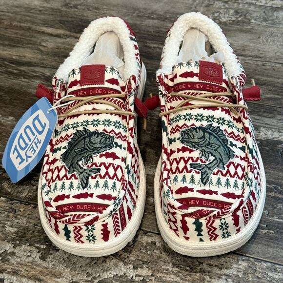 Hey Dude Shoes Mens Size 9 Wally Merry Fishmas Sweater Lace Up Loafers Comfy NEW - Picture 2 of 12